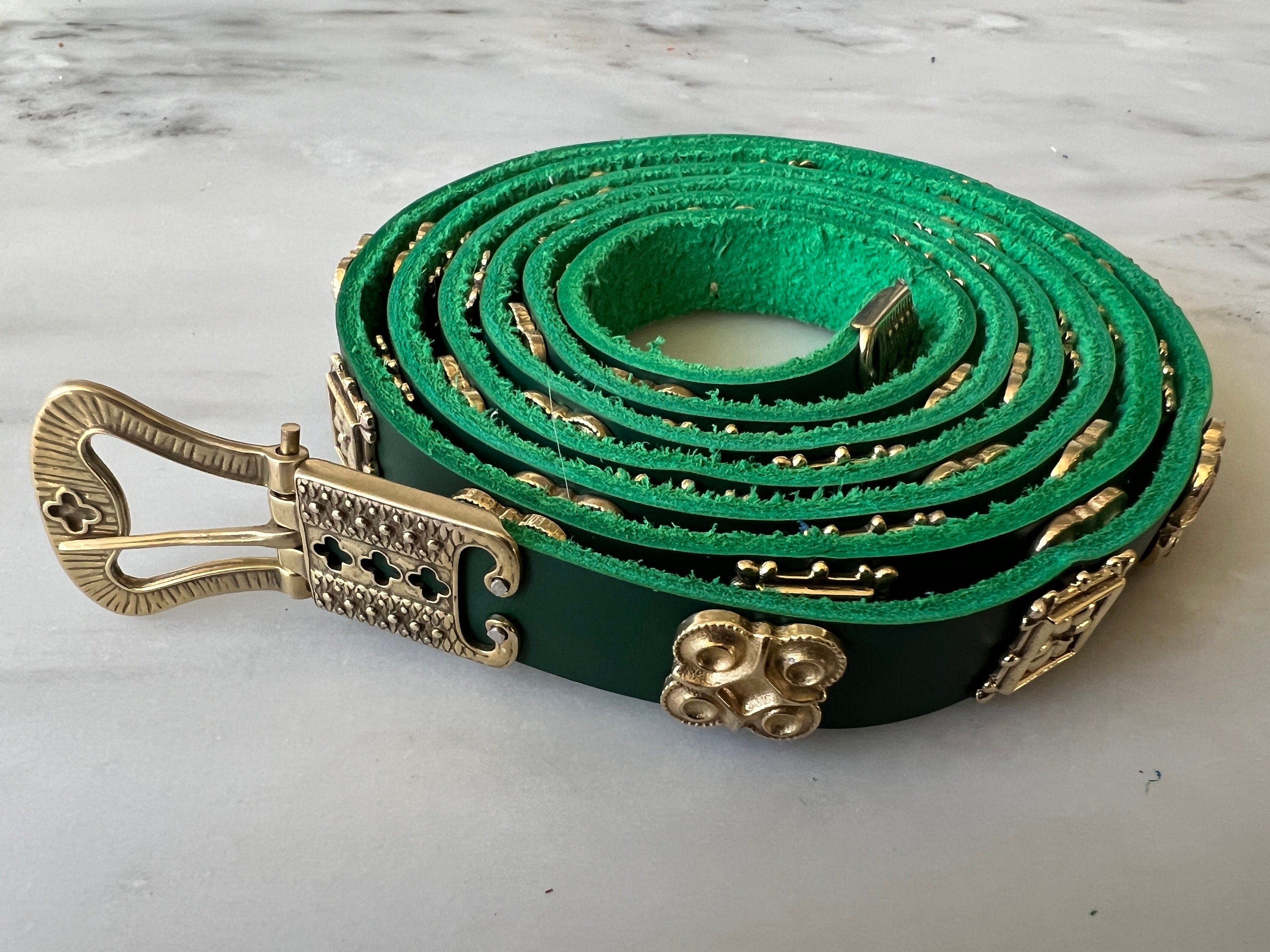 Brilliant Green And Gold Long Narrow Medieval Plaque Belt Girdle Brilliant green and gold long narrow medieval plaque belt girdle